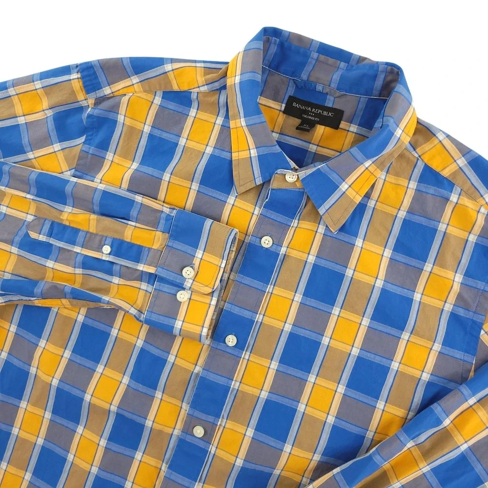 Banana Republic Shirt Mens XL Blue Yellow Plaid Long Sleeve Button Up Slim Fit